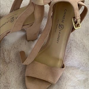 Chinese Laundry pink suede open toed heels